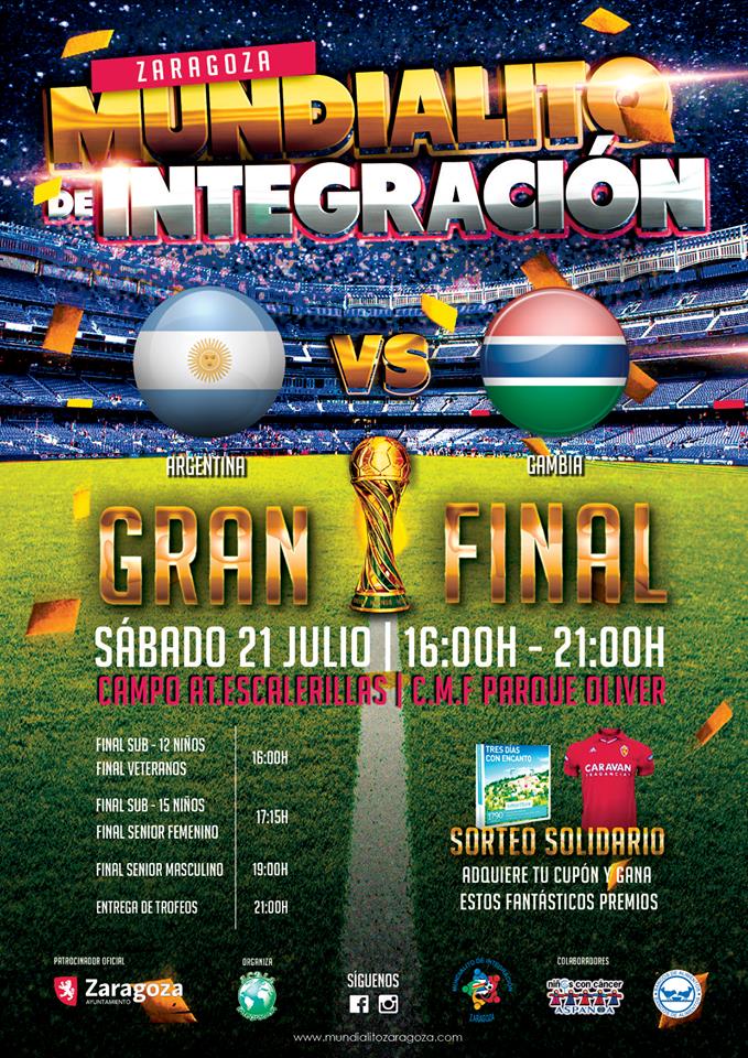 Cartel de las finales fútbol senior, veteranos, femenino y niños del X Mundialito Integración Zaragoza 2018